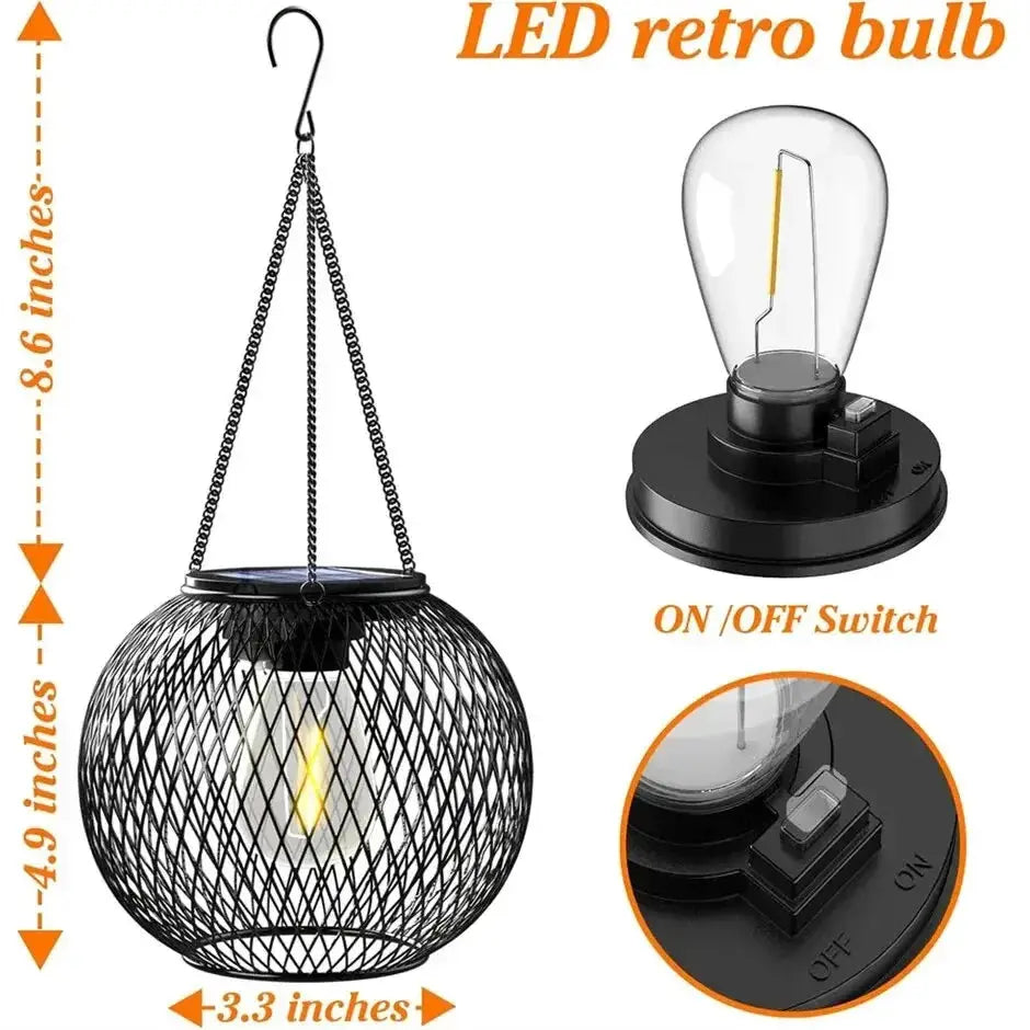 Ortiny Solar Lantern hanging black wire-mesh globe with LED bulb, waterproof outdoor lighting on Tampa Home & Garden Store
