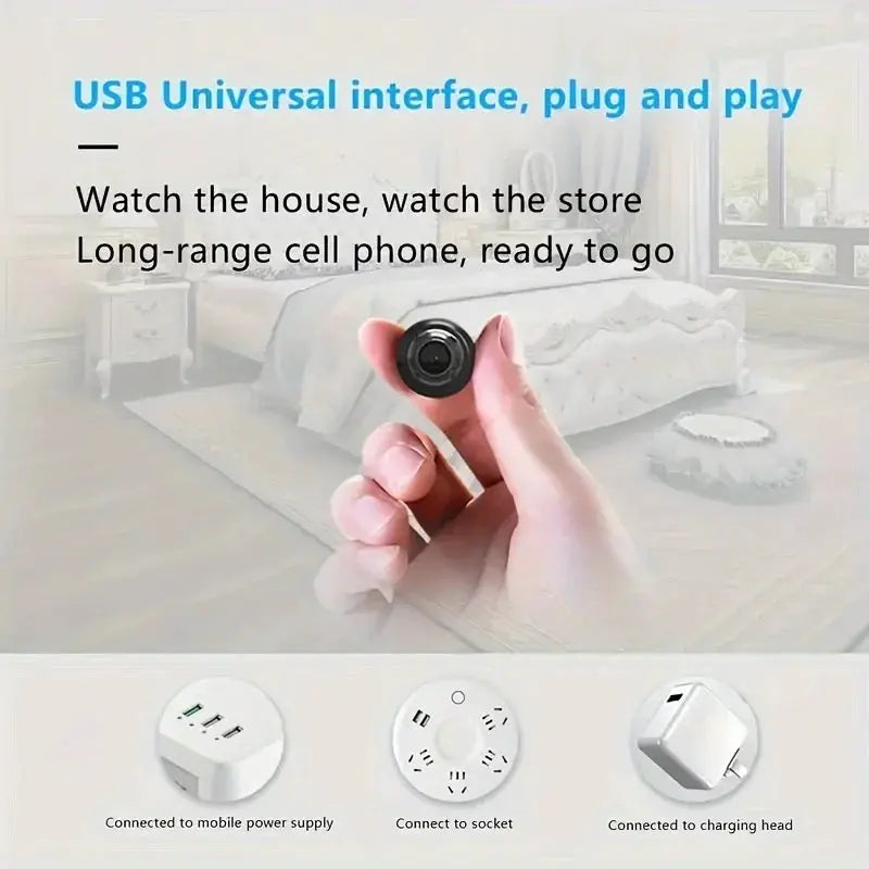 1080P HD Mini WiFi Indoor Night Vision Camera held in hand; compact round lens in a bedroom scene on Tampa Home & Garden Store