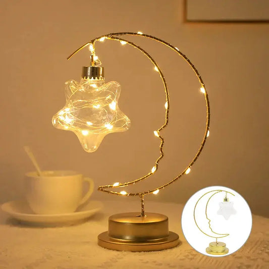 Moon Star LED Night Light with glass star pendant on a gold-tone iron crescent stand on Tampa Home & Garden Store