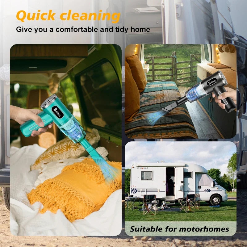 Two Moktan Sabai wireless handheld vacuums in teal and black for sofa and car interiors on Tampa Home & Garden Store