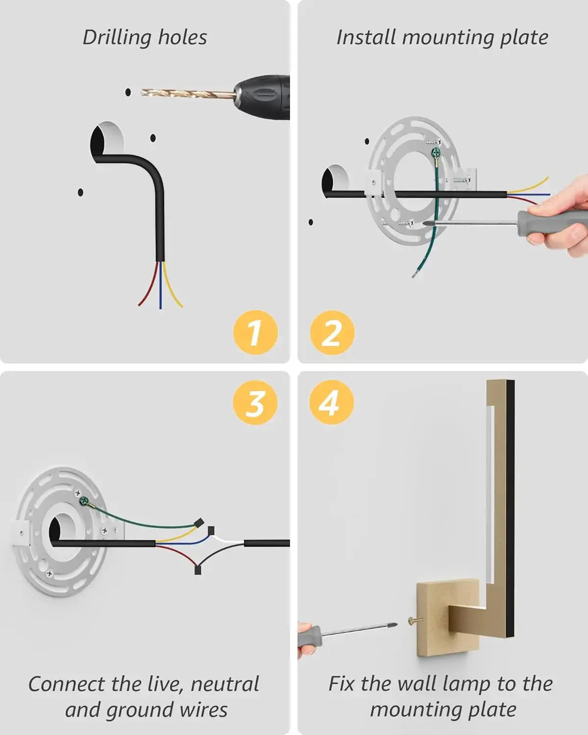 Moktan Sabai Modern Wall Sconces RGB LED Light with Remote installation: drill holes, mount plate, connect live/neutral/ground, fix to wall on Tampa Home & Garden Store