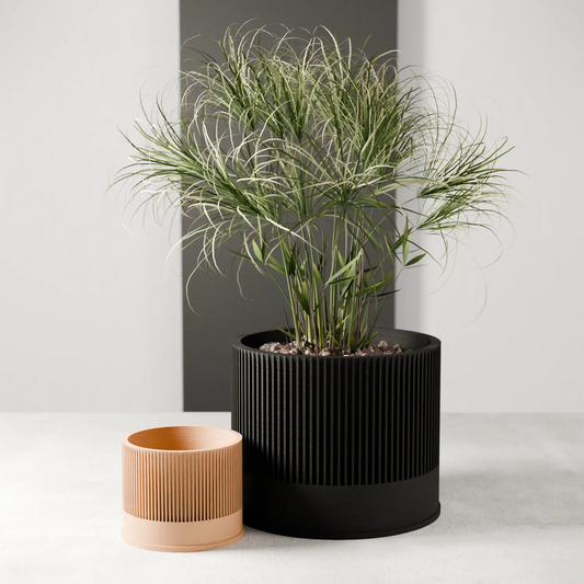 Sakura Planter Large black ribbed pot with ornamental grass; includes small peach ribbed planter on Tampa Home & Garden Store