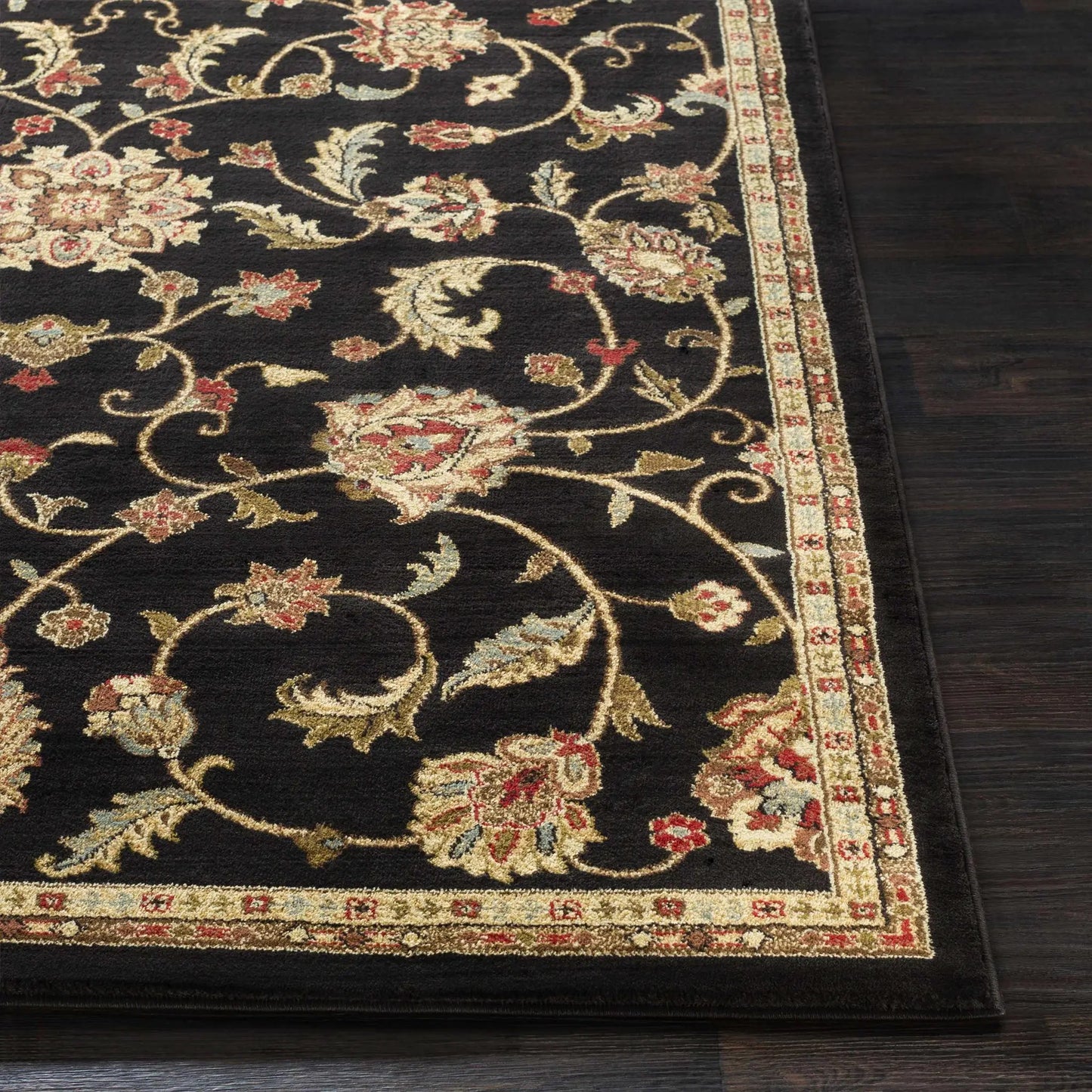 Salona Luxe Black Rug Turkish machine-woven with ornate floral motif and light border on Tampa Home & Garden Store