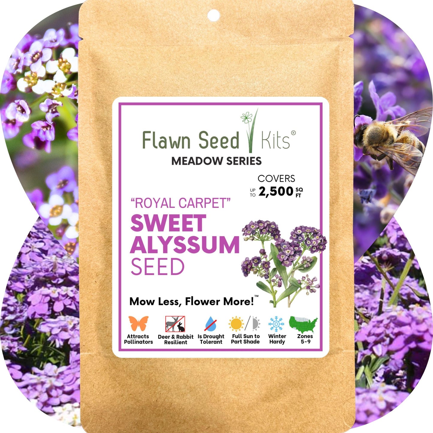 Sweet Alyssum Royal Carpet seed pouch by Flawn Seed Kits; kraft packaging label on Tampa Home & Garden Store