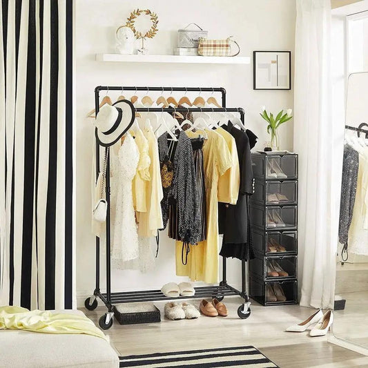 Rustic Pipe Black Double Rail Garment Rack with wheels, HomePacific Wardrobe on Tampa Home & Garden Store