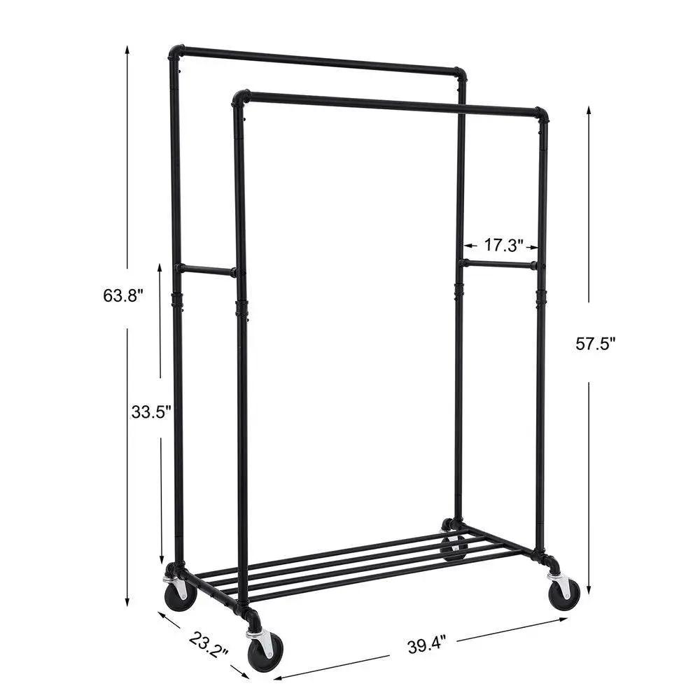 Heavy Duty Rustic Pipe Black Double-Rail Clothes Garment Rack w/ Locking Wheels - Tampa Home & Garden Store