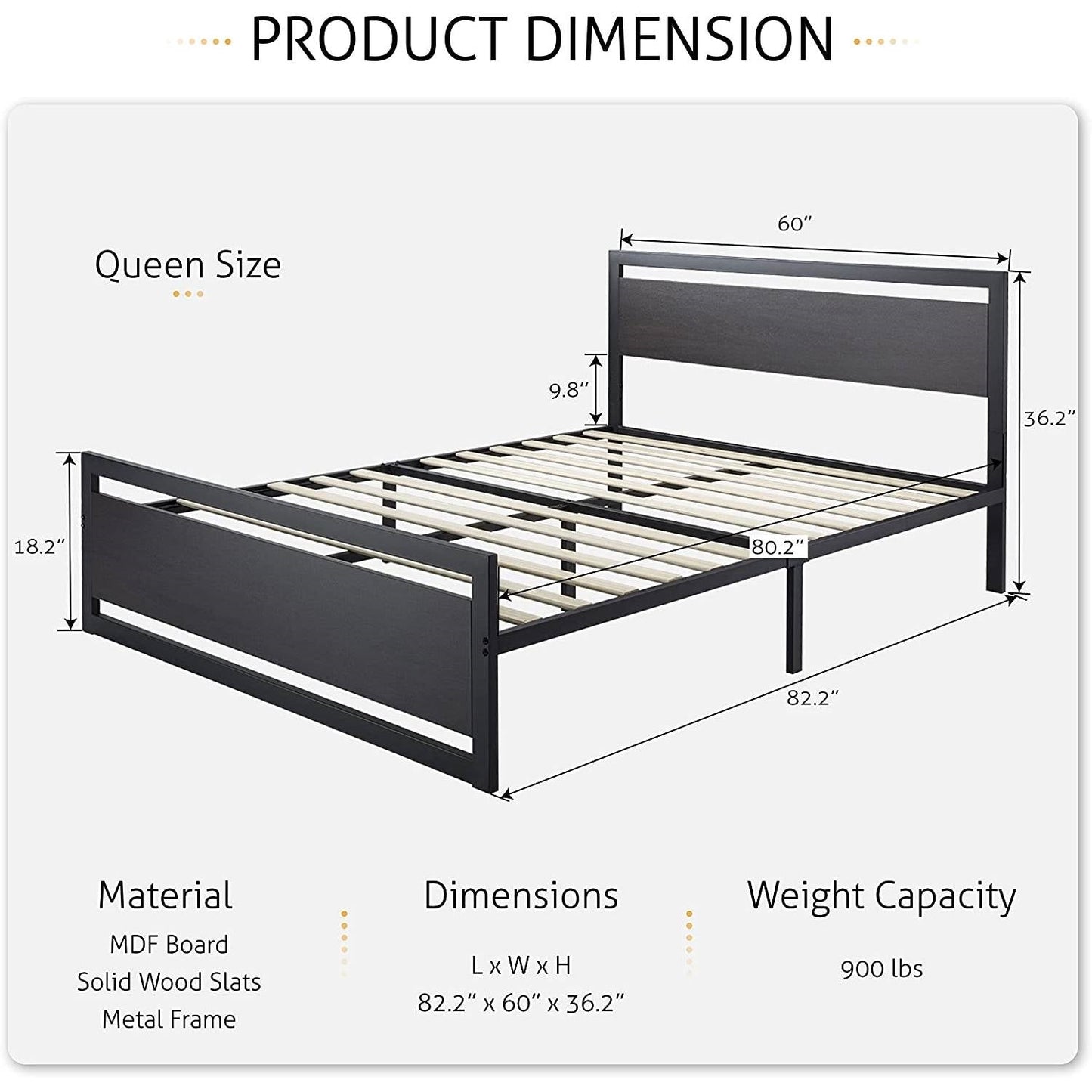 Base de cama de plataforma de metal negro completo con cabecero y piecero de paneles de madera