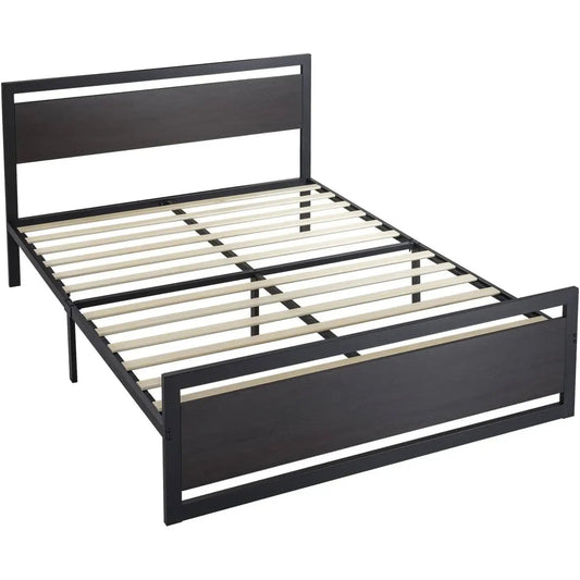 Queen black metal platform bed frame with wood panel headboard and footboard by HomePacific on Tampa Home & Garden Store