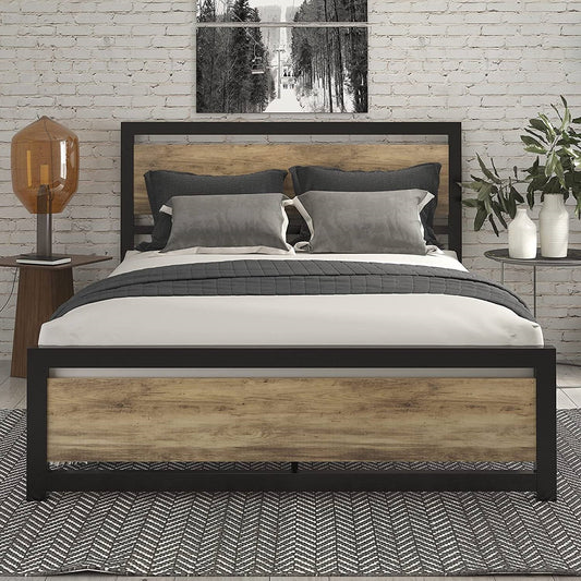 Queen Metal Platform Bed Frame with Brown Wood Panel Headboard and Footboard - Tampa Home & Garden Store