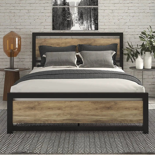 Queen metal platform bed with natural wood headboard and black frame on Tampa Home & Garden Store