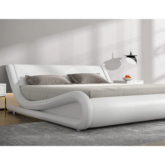 Queen Modern White Faux Leather Upholstered Platform Bed Frame with Headboard - Tampa Home & Garden Store