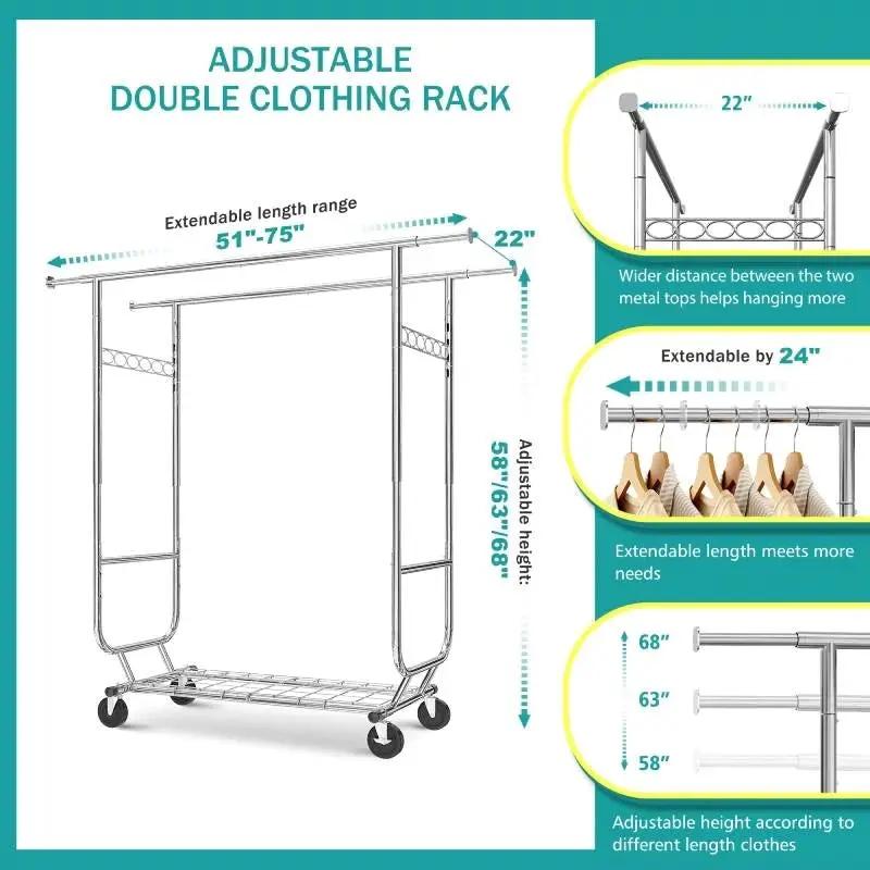 Heavy Duty Double Bar Clothes Garment Rack on Wheels - 600 lbs Capacity - Tampa Home & Garden Store
