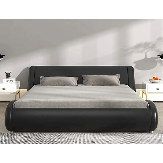 Queen black faux leather platform bed frame with headboard in contemporary bedroom by HomePacific on Tampa Home & Garden Store