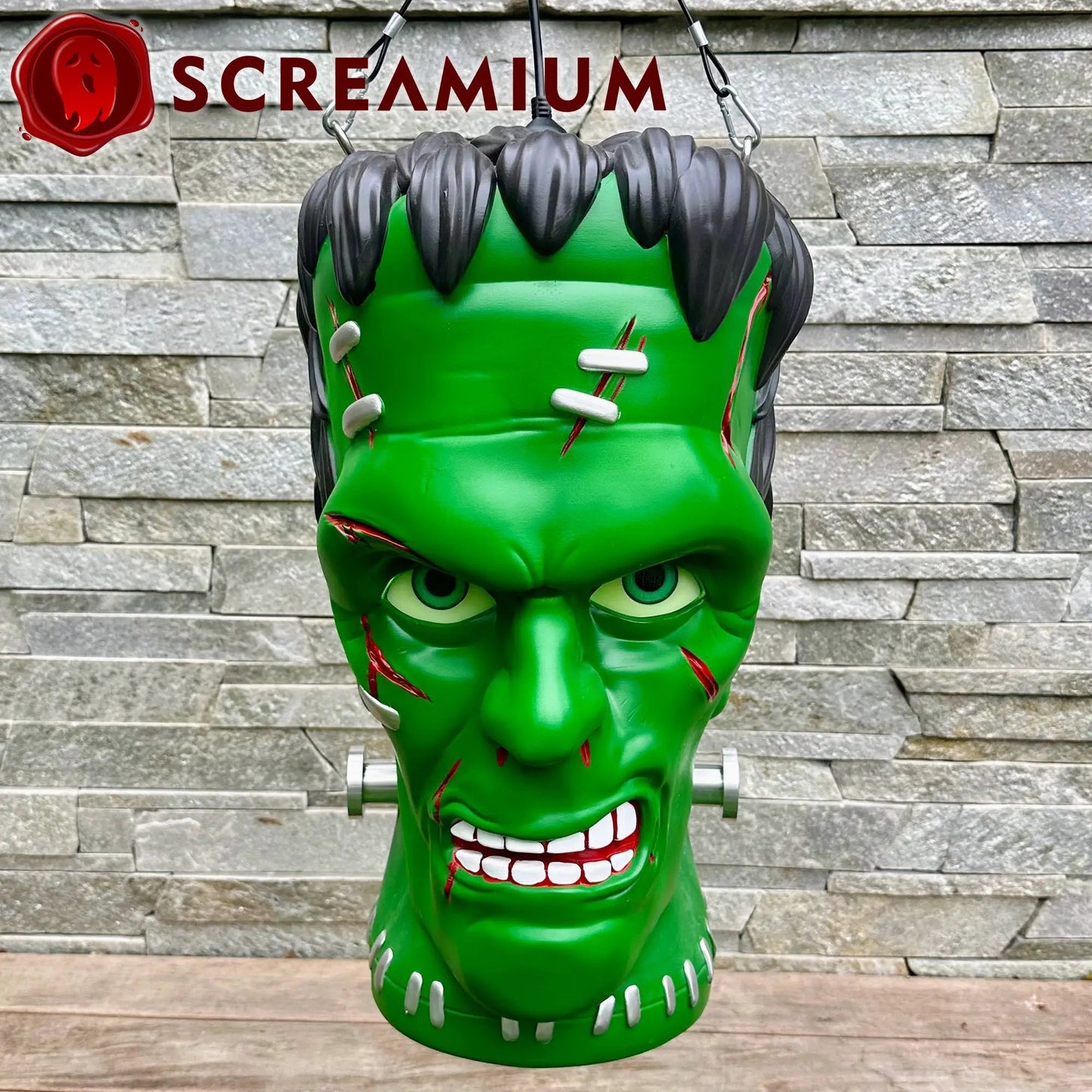 Giant Frankenstein Pendant Lantern green with black hair and stitched accents SCREAMIUM decor on Tampa Home & Garden Store