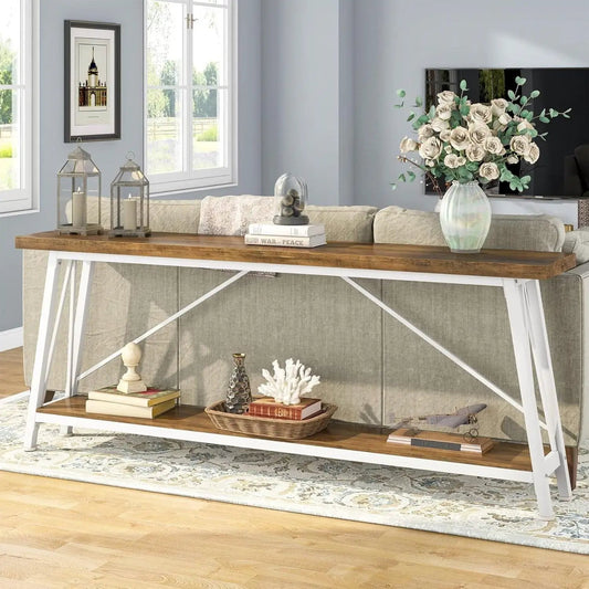 70 Inch Industrial Brown Wood Sofa Table with white metal X-frame legs for living room use on Tampa Home & Garden Store