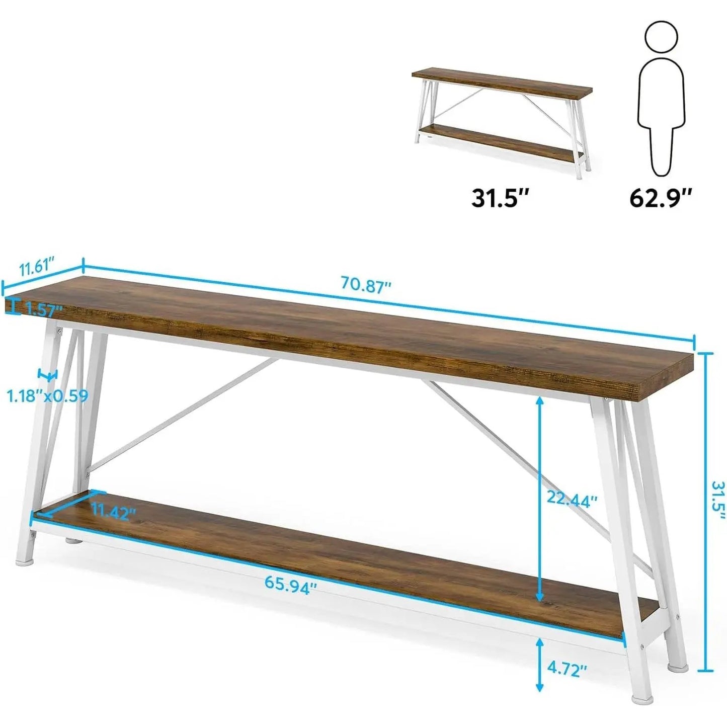Heavy Duty 70-inch Industrial Brown Wood Top Sofa Table with White Metal Frame - Tampa Home & Garden Store