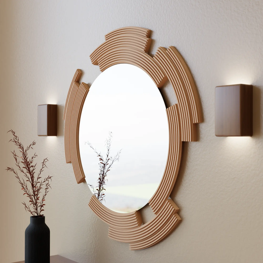 Sculpt Mirror Modern Framed Artwork round mirror with layered wood slat frame in warm beige on Tampa Home & Garden Store