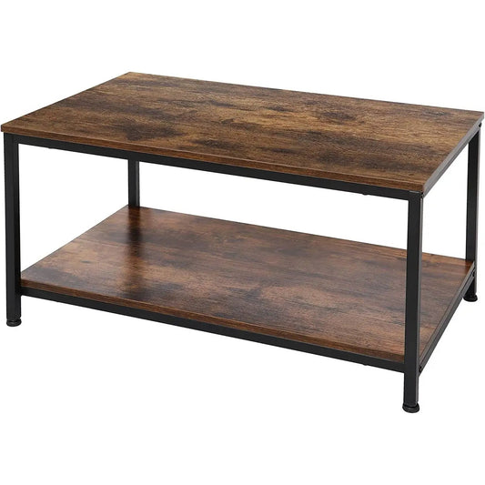 Heavy Duty Industrial 2-Tier Coffee Table with wood top and black metal frame on Tampa Home & Garden Store