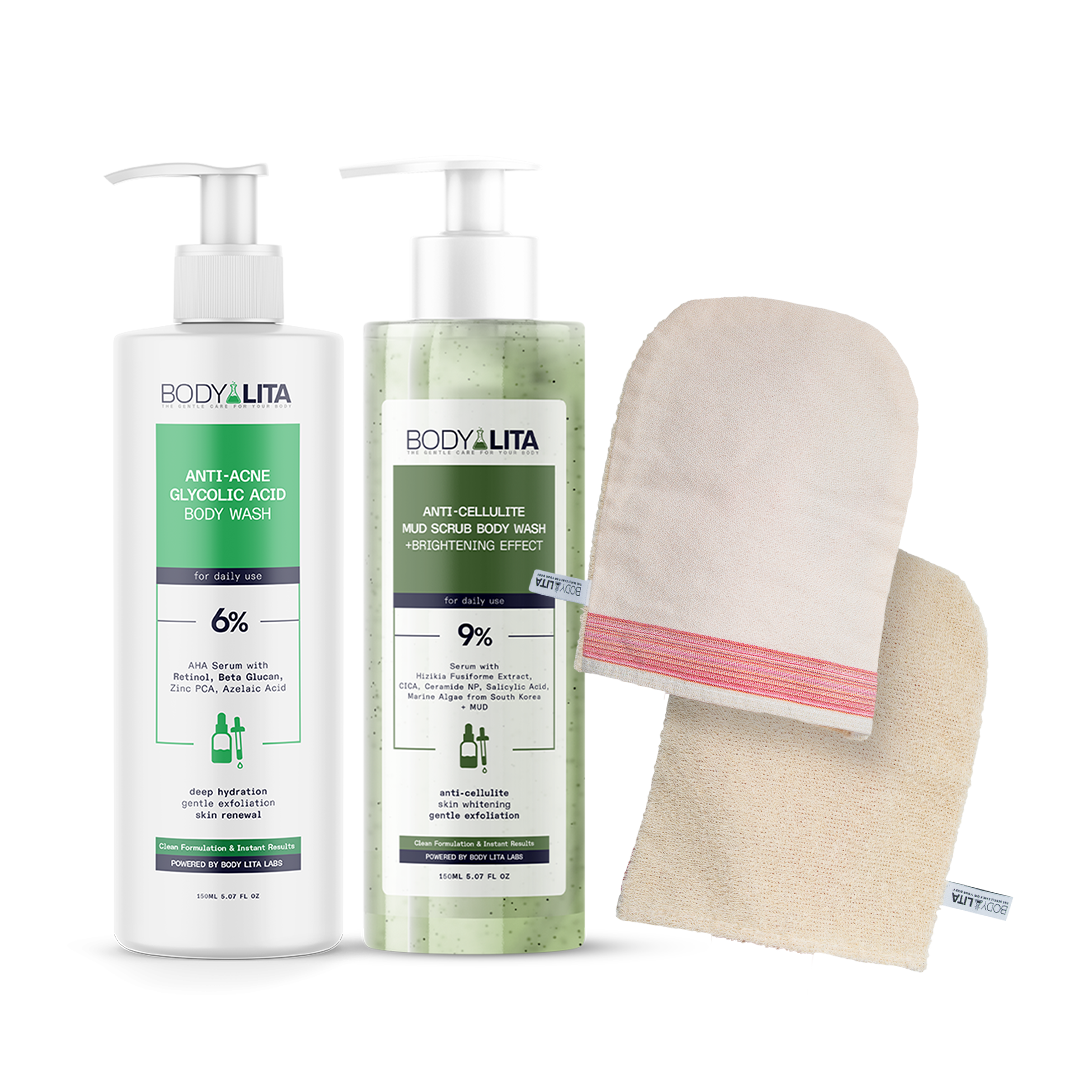 BodyLita smoothing & purifying routine set with white pump bottle, green wash, and loofah on Tampa Home & Garden Store