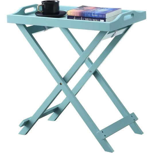 Folding TV tray bedside table seafoam finish with X-frame legs, mug and books on top, HomePacific on Tampa Home & Garden Store