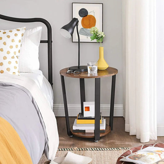 Farmhouse Rustic Round Side Table Nightstand, wood top and black metal legs, HomePacific on Tampa Home & Garden Store