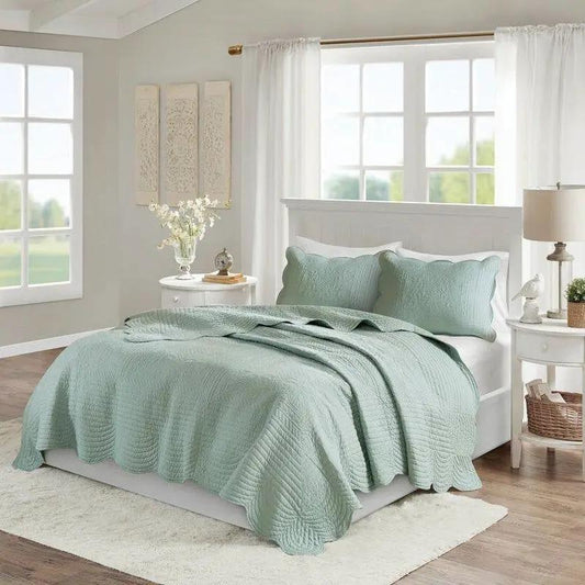 King Size Reversible Quilt Set Seafoam microfiber with scalloped edges 3-piece HomePacific on Tampa Home & Garden Store