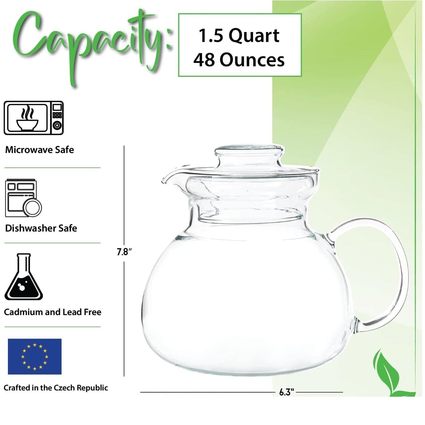 Tetera de cristal transparente para hornilla con tapa de 1,5 cuartos - Apta para microondas