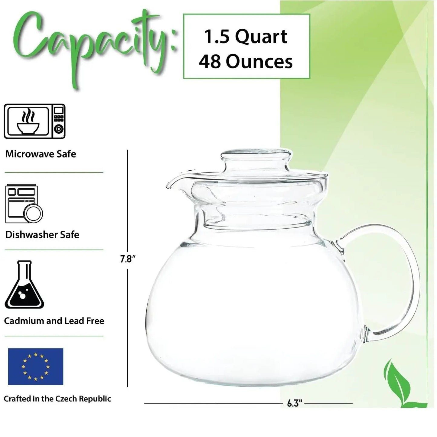 1.5 Quart Stovetop Clear Glass Teapot Kettle with Lid - Microwave Safe - Tampa Home & Garden Store
