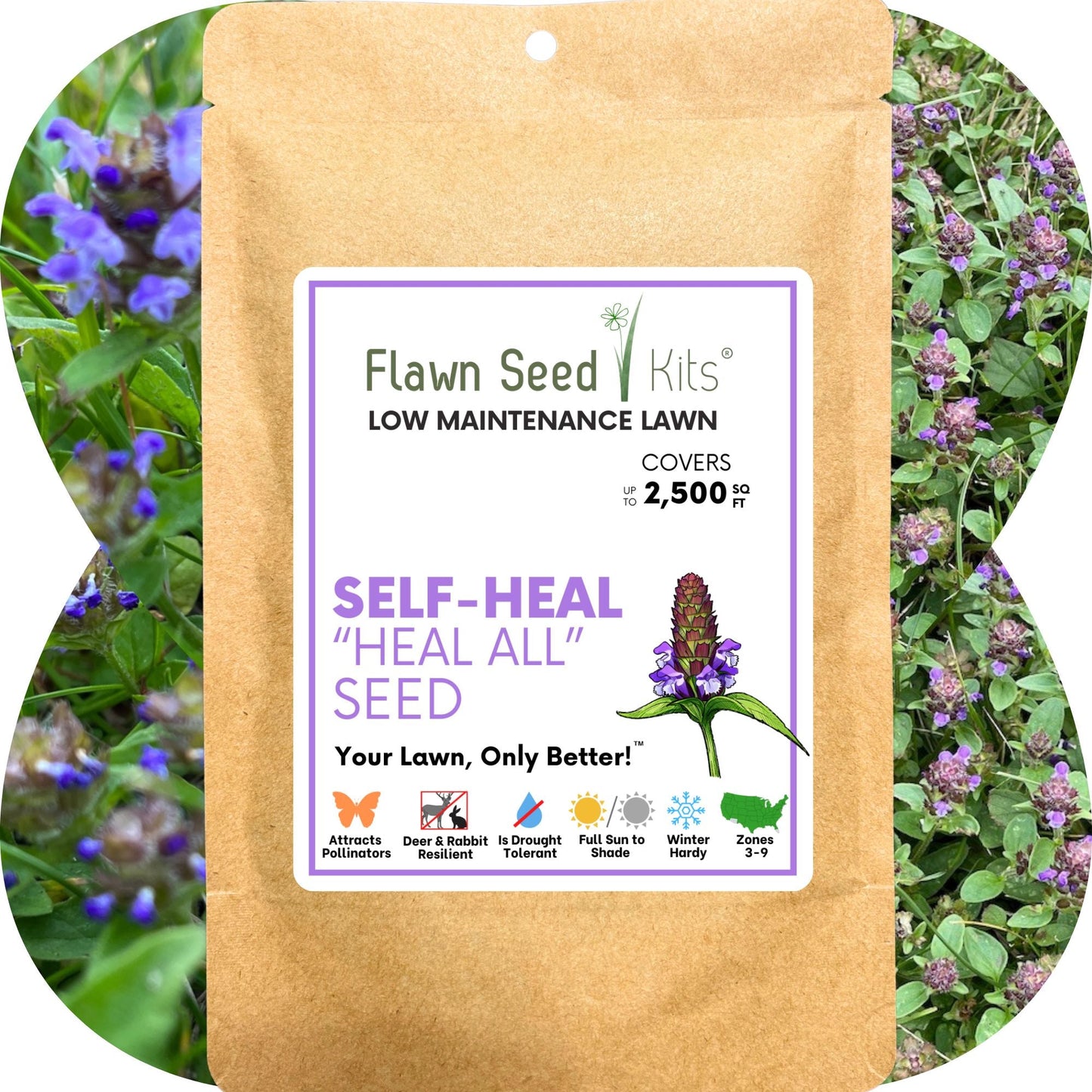 Self-Heal Seed Pouch by Flawn Seed Kits, kraft paper seed pouch set against garden backdrop on Tampa Home & Garden Store