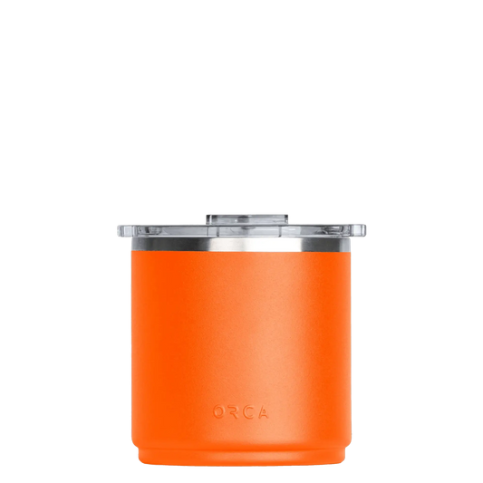 Shorty 16oz tumbler orange body with clear lid and stainless steel rim on Tampa Home & Garden Store