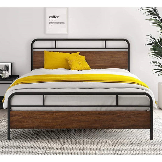 Queen Size Industrial Metal Wood Platform Bed Frame with Headboard and Footboard - Tampa Home & Garden Store