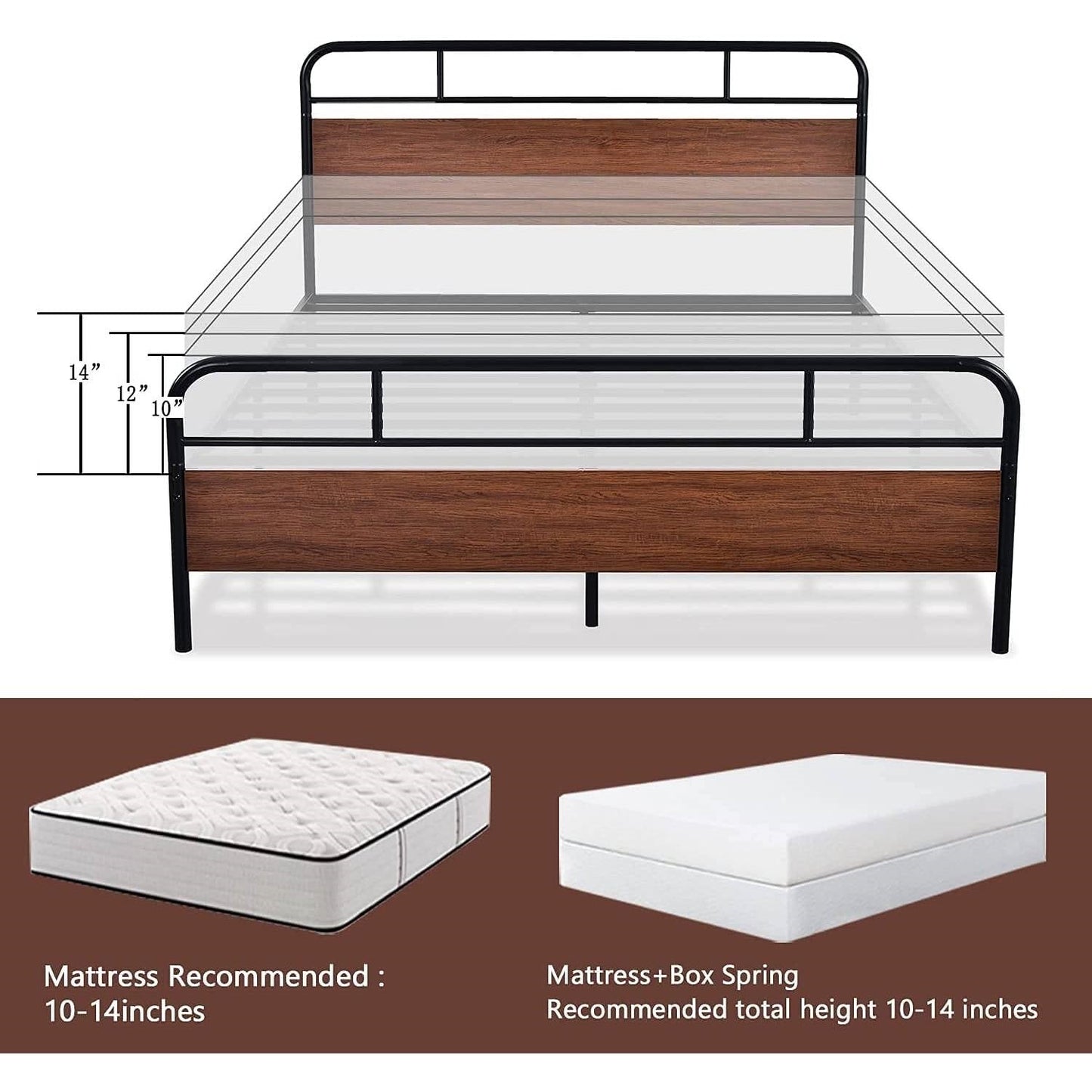 Base de cama de plataforma Queen industrial de metal y madera con cabecera y pie de cama