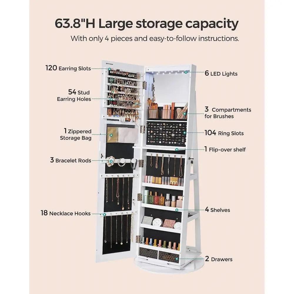 White Jewelry Cabinet Armoire Organizer Freestanding Rotating Mirror - Tampa Home & Garden Store