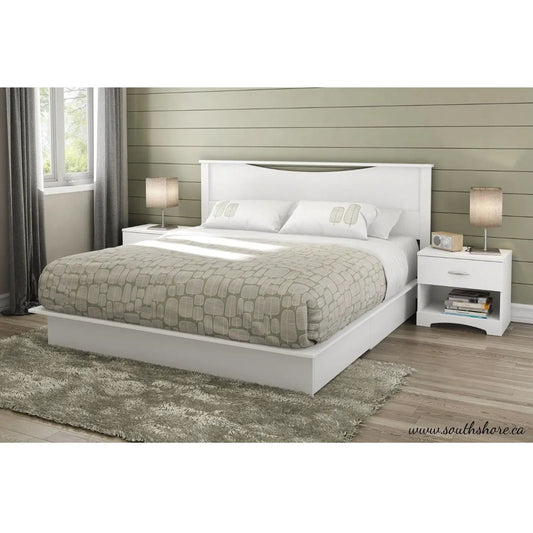 King size white platform bed with storage drawers and two nightstands on Tampa Home & Garden Store