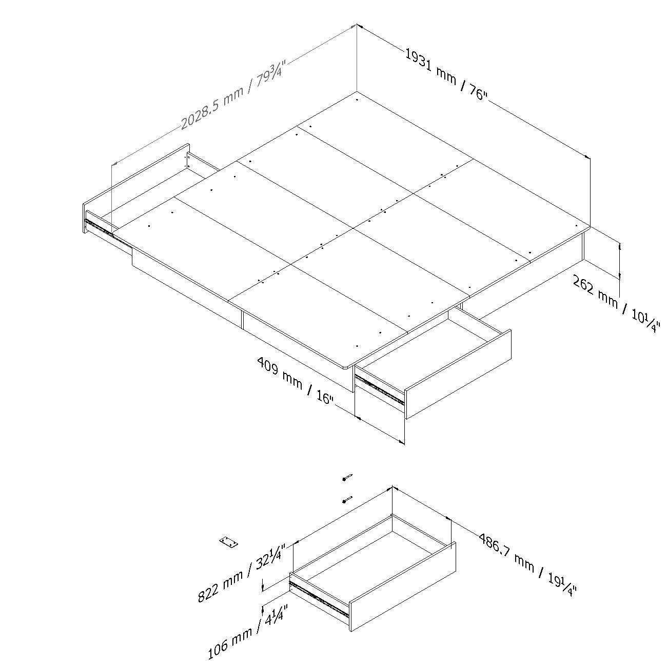 Cama moderna tamaño King con plataforma y cajones de almacenamiento en acabado blanco