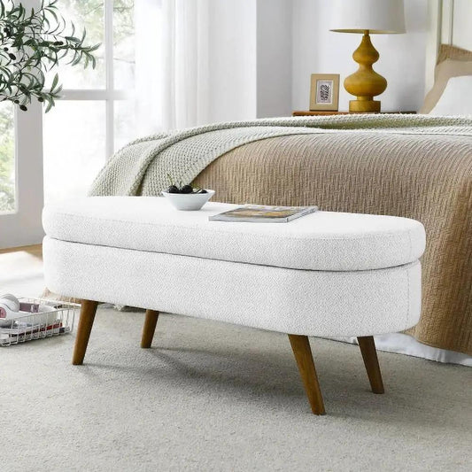 Mid-Century Modern Boho White Linen Storage Bench with tapered wood legs for bedroom on Tampa Home & Garden Store