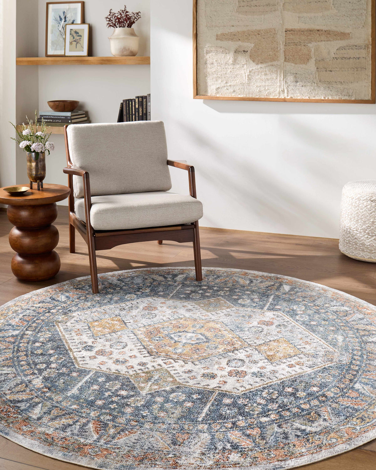 Afya Boutique Washable Rug round blue-gray with ivory and rust geometric medallions on Tampa Home & Garden Store