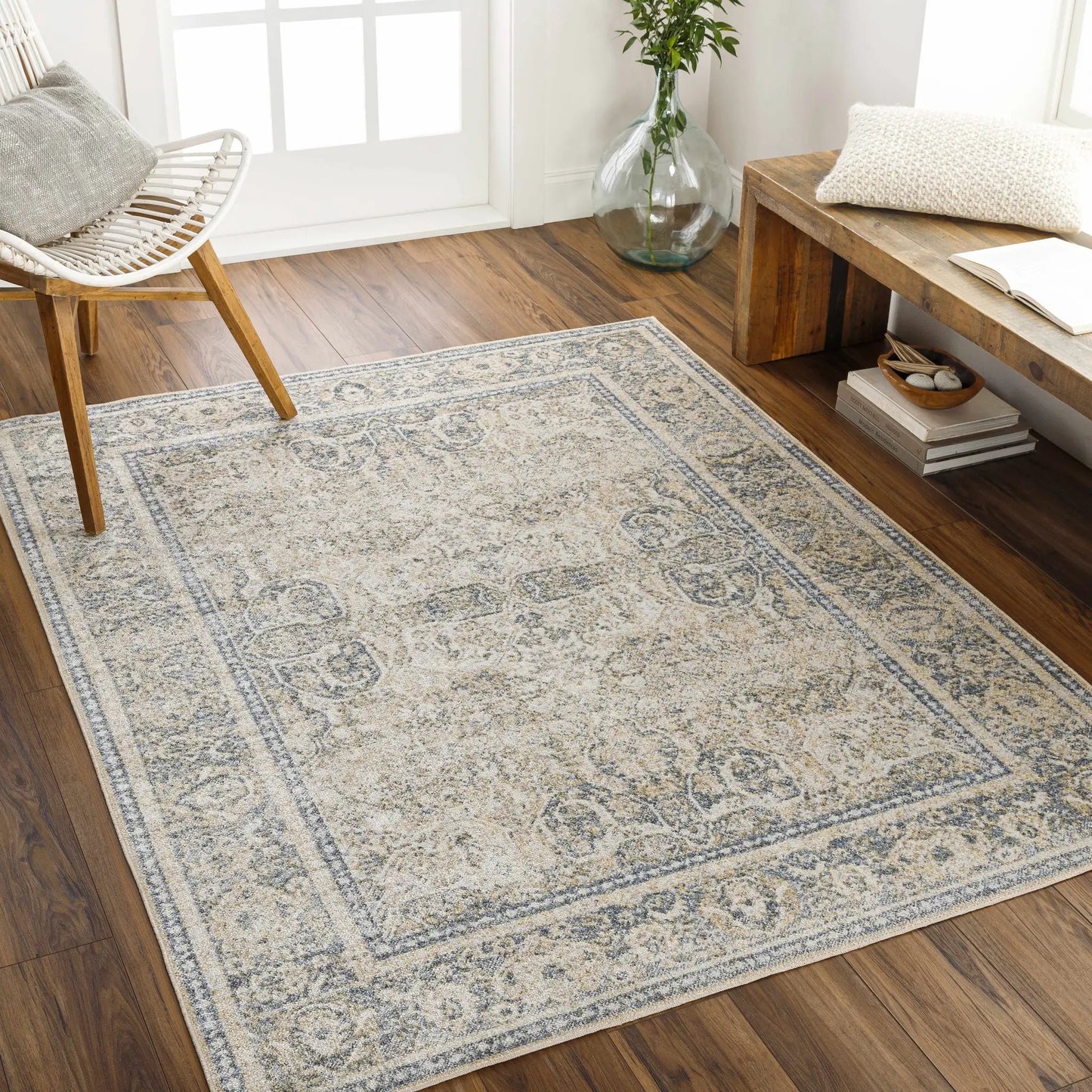 Rug Arias Boutique Washable Polyester Rug in blue-gray with medallion border by Boutique Rugs on Tampa Home & Garden Store