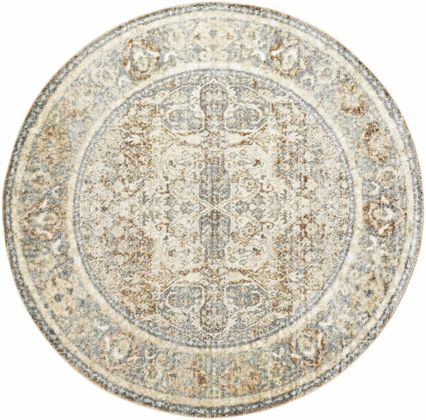 Arias Blue Boutique Washable Rug, round with blue cream ornate pattern on Tampa Home & Garden Store