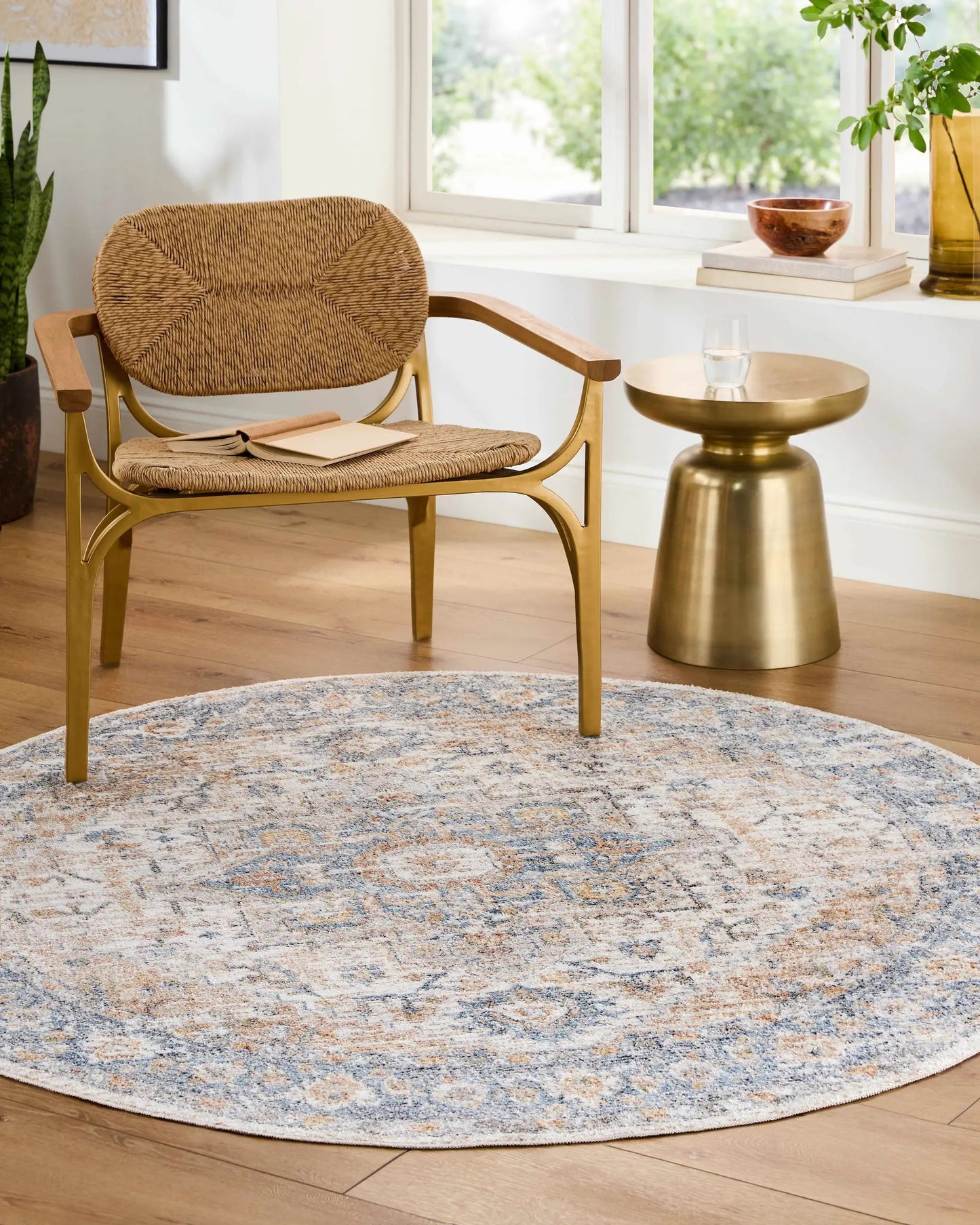 Ezri Cream Washable Area Rug polyester; round rug with cream and blue-gray pattern on Tampa Home & Garden Store