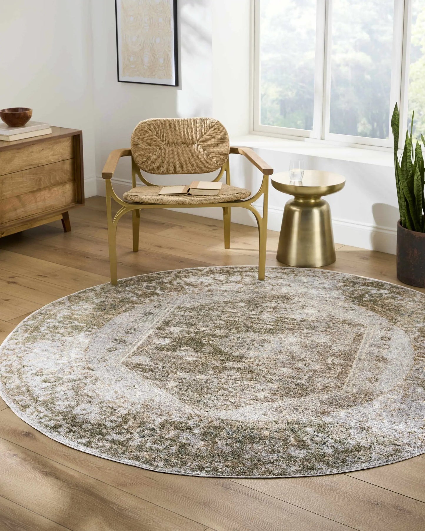 Gael Boutique Washable Rug Olive and Tan, round rug with olive and tan mottled pattern on Tampa Home & Garden Store