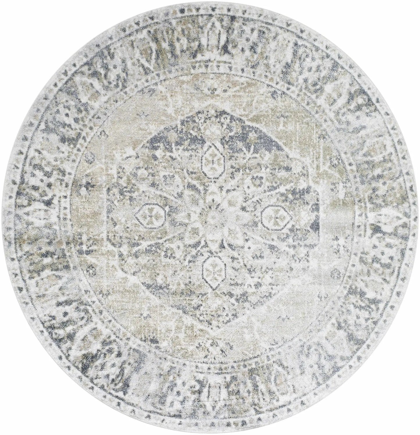 Rudo Beige Flat Pile Polyester Rug round medallion pattern, washable on Tampa Home & Garden Store