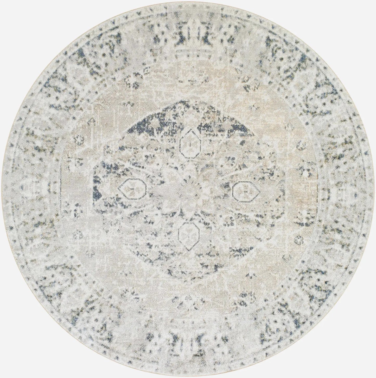 Rudo flat pile washable rug polyester round beige blue distressed pattern Boutique Rugs on Tampa Home & Garden Store