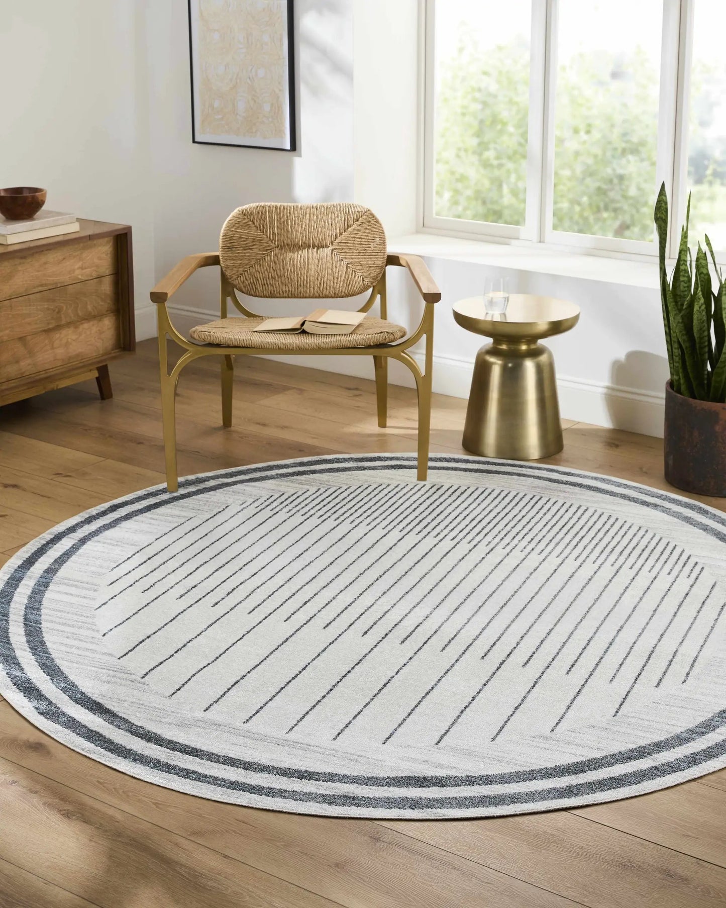 Boutique Rugs Thad round medium gray washable area rug with dark gray concentric rings on Tampa Home & Garden Store