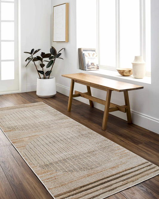 Thad Beige Machine Washable Polyester Area Rug by Boutique Rugs in a bright entryway on Tampa Home & Garden Store