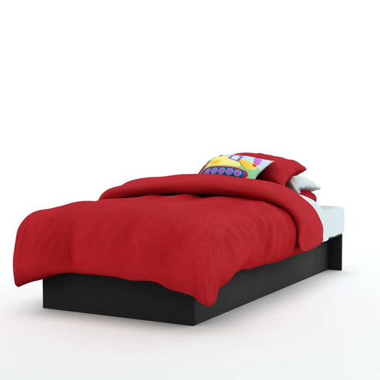 Twin size platform bed frame in black wood finish with red quilt and colorful pillow on Tampa Home & Garden Store