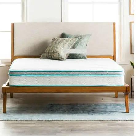 Queen 8-inch memory foam innerspring mattress on a wood frame with white top and teal edge on Tampa Home & Garden Store