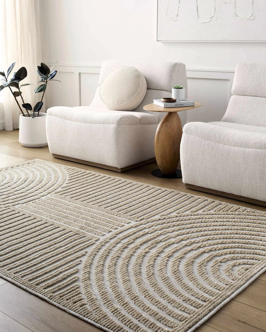 Deron Beige Washable Area Rug by Boutique Rugs, beige rug with circular ribbed pattern on Tampa Home & Garden Store