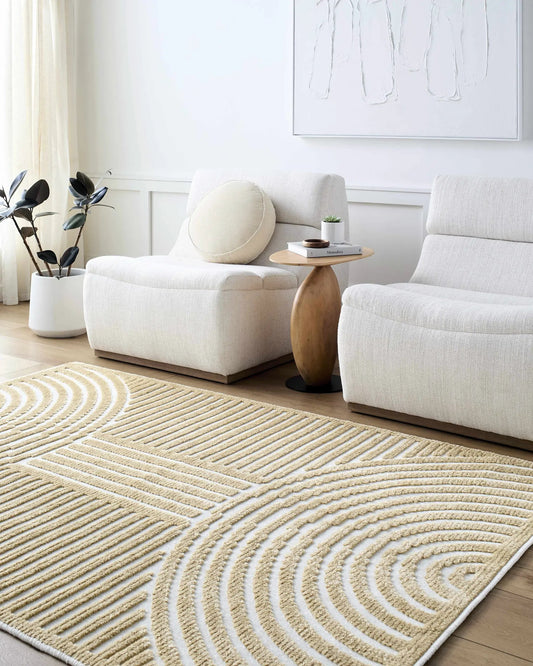 Deron Mustard Washable Area Rug Beige in a bright living room with cream furniture on Tampa Home & Garden Store