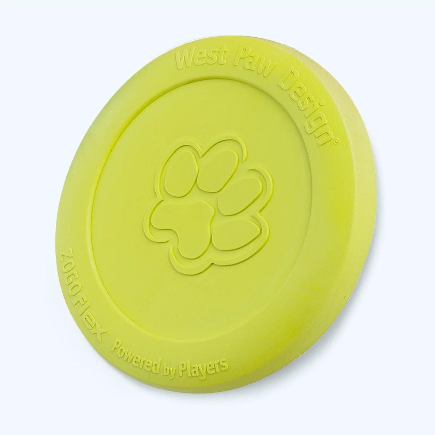 Zisc Gentle Flying Disc dog toy by West Paw, lime yellow with embossed paw logo on Tampa Home & Garden Store